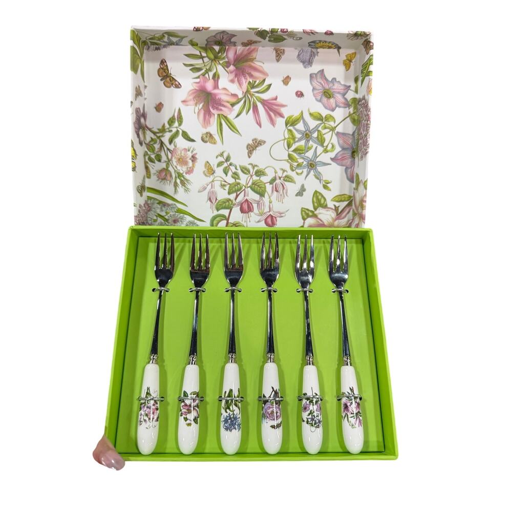 Portmeirion Botanic Garden Pastry Tea Fork Set of 6 Floral Boxed NIB